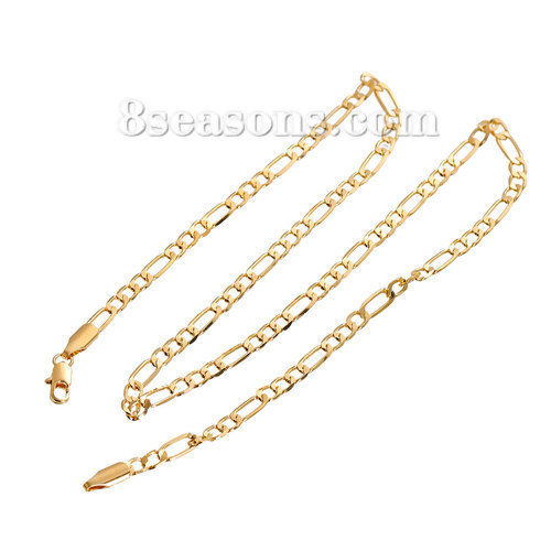 Picture of Brass Jewelry 3:1 Figaro Link Curb Chain Necklace Oval Gold Plated 55.5cm(21 7/8") long, Chain Size: 11x4mm(3/8"x1/8") 7x4.5mm(2/8"x1/8"), 1 Piece                                                                                                            