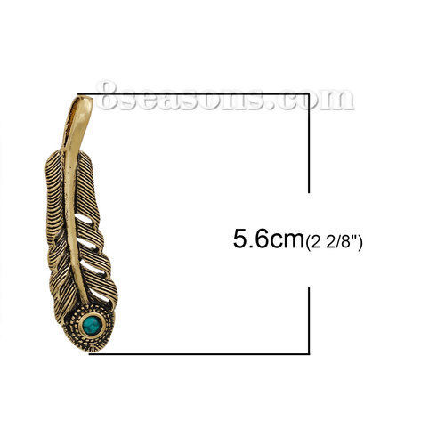 Picture of Brass Pendants Feather Gold Tone Antique Gold Green Imitation Turquoise 56mm(2 2/8") x 15mm( 5/8"), 1 Piece                                                                                                                                                   