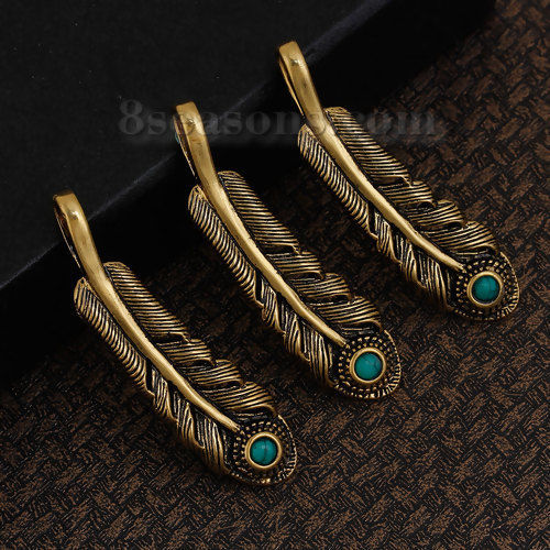 Picture of Brass Pendants Feather Gold Tone Antique Gold Green Imitation Turquoise 56mm(2 2/8") x 15mm( 5/8"), 1 Piece                                                                                                                                                   