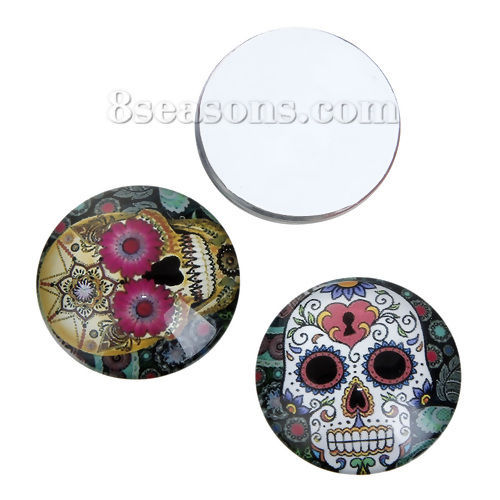 Bild von Glas Dom Cabochons Tag der Toten Zuckerschädel Flache Rückseite gemischt Rund Transparent 25mm D., 10 Stück