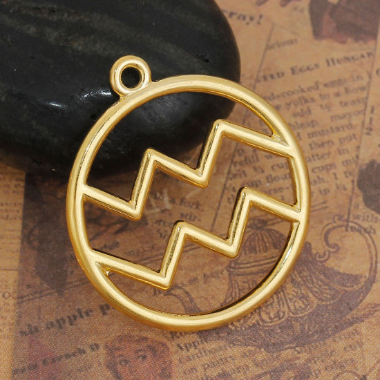 Immagine di Lega di Zinco Ciondoli Tondo Oro Placcato Costellazione Acquario Filigrana 34mm x 30mm , 5 Pz