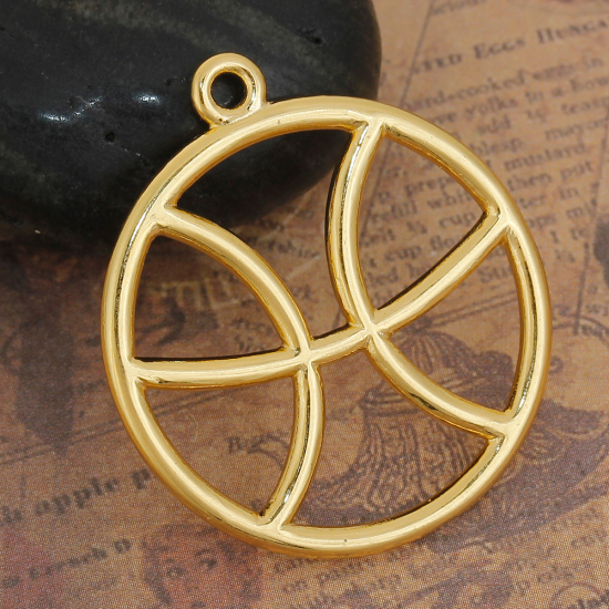 Immagine di Lega di Zinco Ciondoli Tondo Oro Placcato Costellazione Pesci Filigrana 34mm x 30mm , 5 Pz