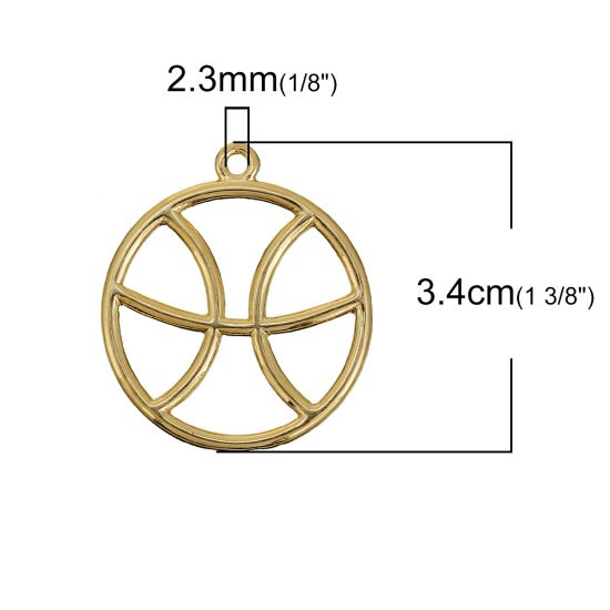 Immagine di Lega di Zinco Ciondoli Tondo Oro Placcato Costellazione Pesci Filigrana 34mm x 30mm , 5 Pz