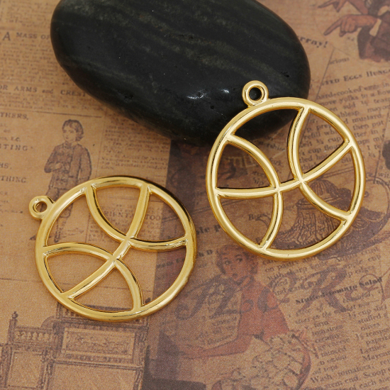Immagine di Lega di Zinco Ciondoli Tondo Oro Placcato Costellazione Pesci Filigrana 34mm x 30mm , 5 Pz
