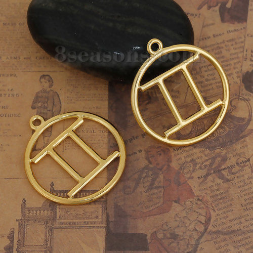Immagine di Lega di Zinco Ciondoli Tondo Oro Placcato Costellazione Gemelli Filigrana 34mm x 30mm , 5 Pz