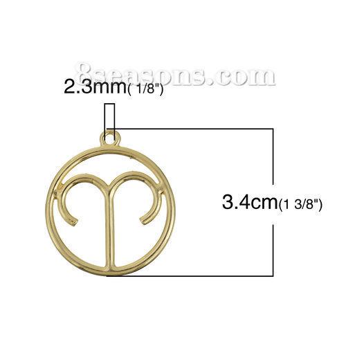 Immagine di Lega di Zinco Ciondoli Tondo Oro Placcato Costellazione Ariete Filigrana 34mm x 30mm , 5 Pz