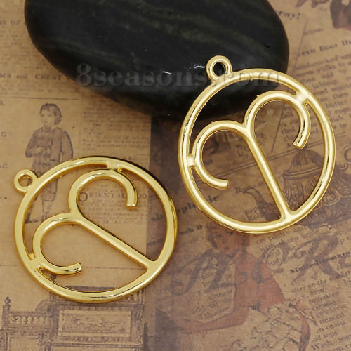 Immagine di Lega di Zinco Ciondoli Tondo Oro Placcato Costellazione Ariete Filigrana 34mm x 30mm , 5 Pz