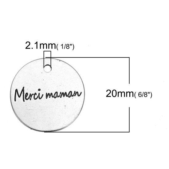 Picture of Zinc Based Alloy Charms Round Antique Silver Color Message " Merci Maman " Carved 20mm( 6/8") Dia, 10 PCs
