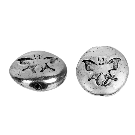 Picture of Zinc Based Alloy Spacer Beads Round Antique Silver Butterfly Carved About 14mm Dia, Hole: Approx 1.5mm, 10 PCs