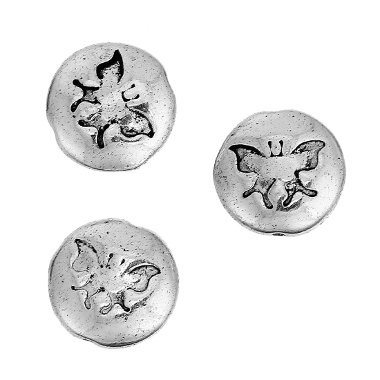 Picture of Zinc Based Alloy Spacer Beads Round Antique Silver Butterfly Carved About 14mm Dia, Hole: Approx 1.5mm, 10 PCs