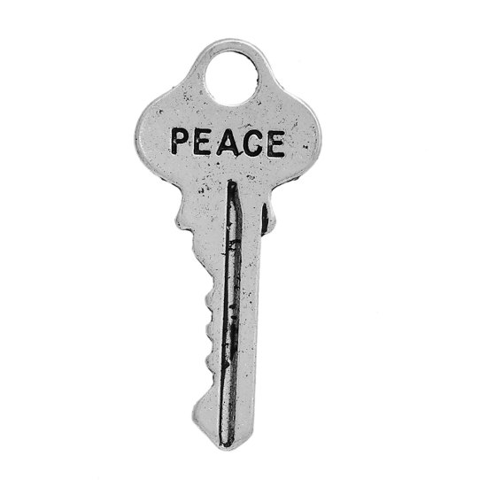 Bild von Zinklegierung Charms Schlüssel Antiksilber Message " Peace " 25mm x 12mm, 20 Stück