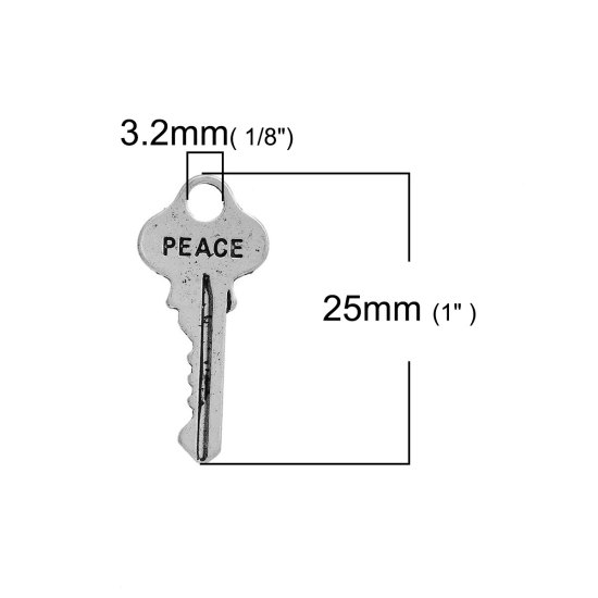Picture of Zinc Based Alloy Charms Key Antique Silver Color Message " Peace " Carved 25mm(1") x 12mm( 4/8"), 20 PCs