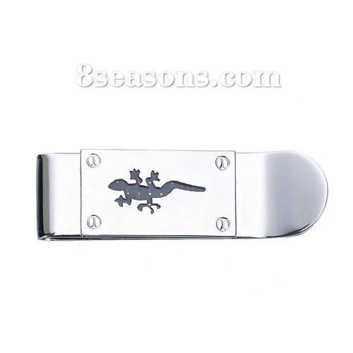 Picture of 304 Stainless Steel Money Clip Rectangle Silver Tone Black Gecko Enamel 52mm(2") x 16mm( 5/8"), 1 Piece