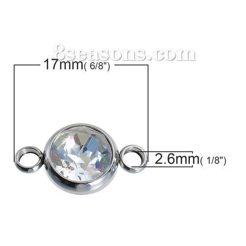 Picture of 304 Stainless Steel Connectors Findings Round Silver Tone Faceted AB Rainbow Color Aurora Borealis Rhinestone 18mm( 6/8") x 10mm( 3/8"), 2 PCs
