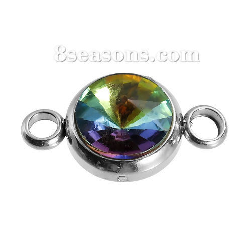 Picture of 304 Stainless Steel Connectors Findings Round Silver Tone Faceted AB Rainbow Color Aurora Borealis Rhinestone 17mm( 5/8") x 10mm( 3/8"), 2 PCs