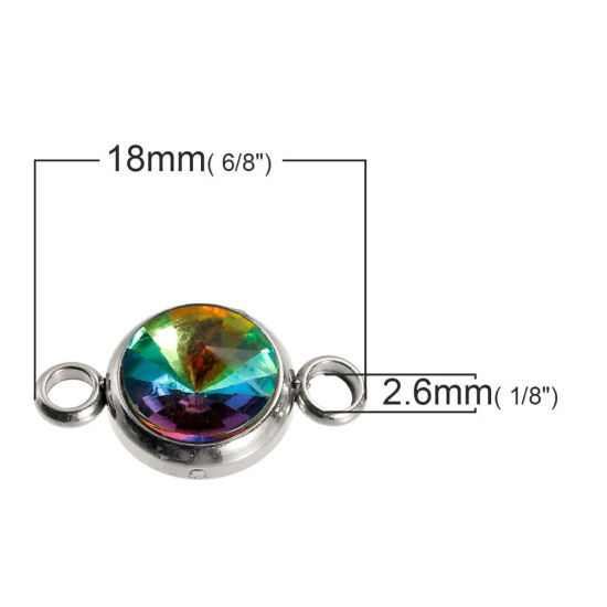 Picture of 304 Stainless Steel Connectors Findings Round Silver Tone Faceted AB Rainbow Color Aurora Borealis Rhinestone 17mm( 5/8") x 10mm( 3/8"), 2 PCs