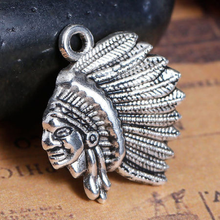 Zinc Based Alloy Boho Chic Charms Indian Chief Antique Silver Color 21mm( 7/8") x 18mm( 6/8"), 20 PCs