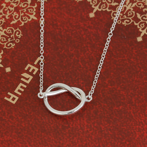 Picture of Brass Necklace Silver Plated Love Knot 51cm(20 1/8") long, 1 Piece                                                                                                                                                                                            