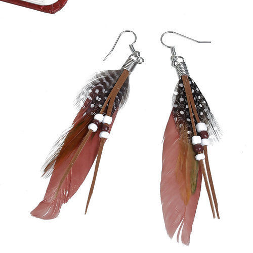 Picture of Natural Feather Tassel Earrings White & Brown 10.2cm(4") long, Post/ Wire Size: (21 gauge), 1 Pair