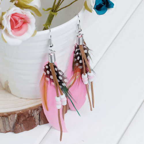 Picture of Natural Feather Tassel Earrings White & Pink 10.2cm(4") long, Post/ Wire Size: (21 gauge), 1 Pair