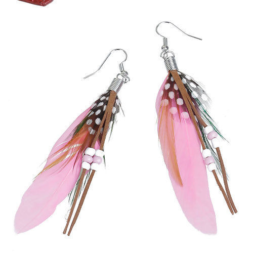 Picture of Natural Feather Tassel Earrings White & Pink 10.2cm(4") long, Post/ Wire Size: (21 gauge), 1 Pair