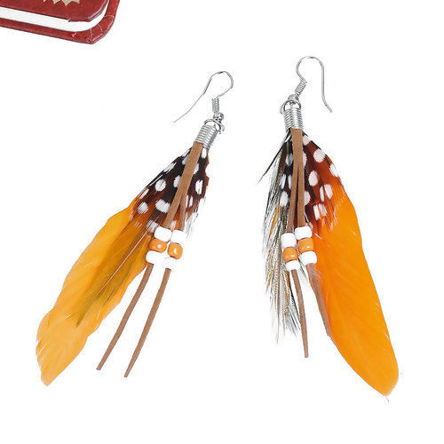 Picture of Natural Feather Tassel Earrings White & Orange 10.2cm(4") long, Post/ Wire Size: (21 gauge), 1 Pair