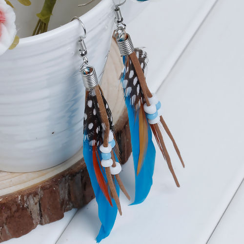 Picture of Natural Feather Tassel Earrings White & Lake Blue 10.2cm(4") long, Post/ Wire Size: (21 gauge), 1 Pair