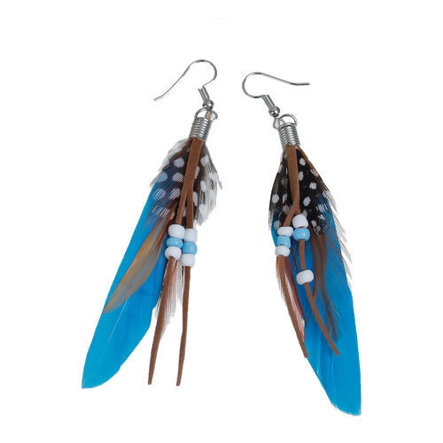 Picture of Natural Feather Tassel Earrings White & Lake Blue 10.2cm(4") long, Post/ Wire Size: (21 gauge), 1 Pair