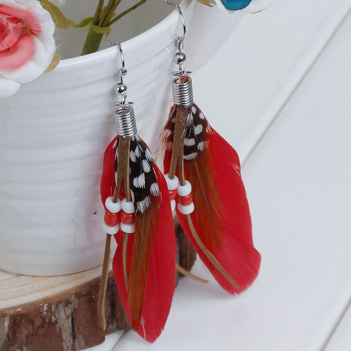 Picture of Natural Feather Tassel Earrings White & Red 10.2cm(4") long, Post/ Wire Size: (21 gauge), 1 Pair