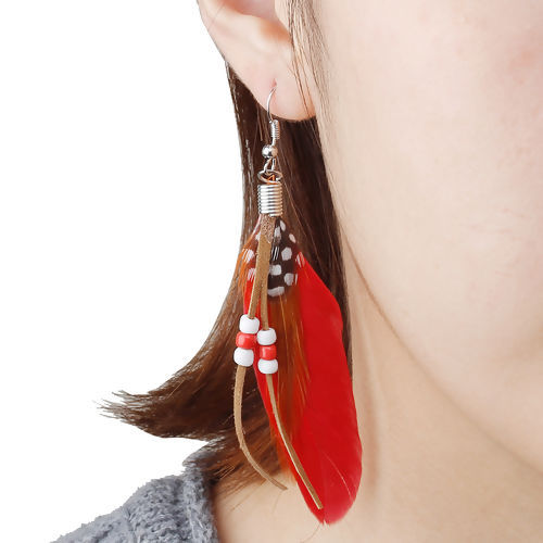 Bild von Natürliche Feder Quaste Ohrringe Weiß Rot 10.2cm Drahtstärke: (21 gauge) 1 Paar