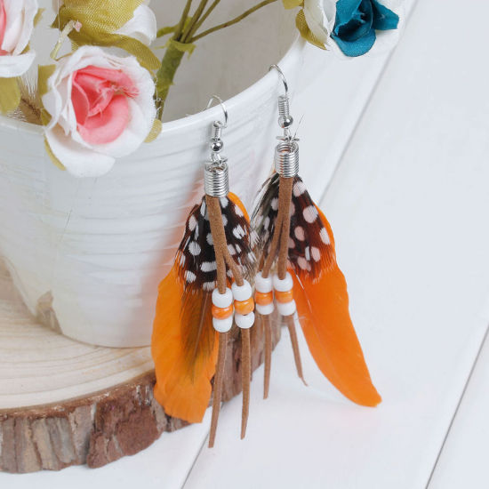 Picture of Natural Feather Tassel Earrings White & Red 10.2cm(4") long, Post/ Wire Size: (21 gauge), 1 Pair
