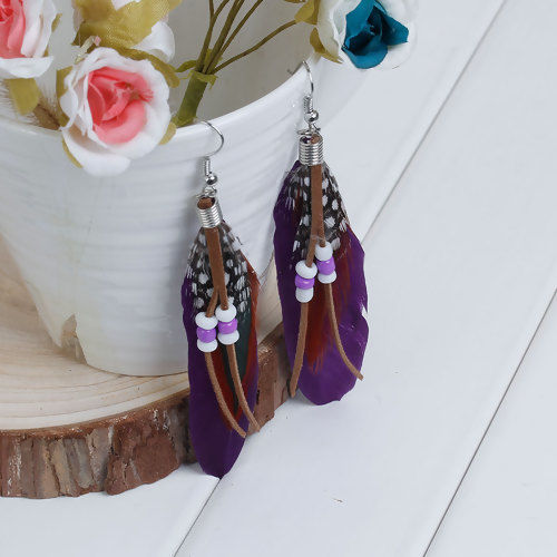 Picture of Natural Feather Tassel Earrings White & Purple 10.2cm(4") long, Post/ Wire Size: (21 gauge), 1 Pair