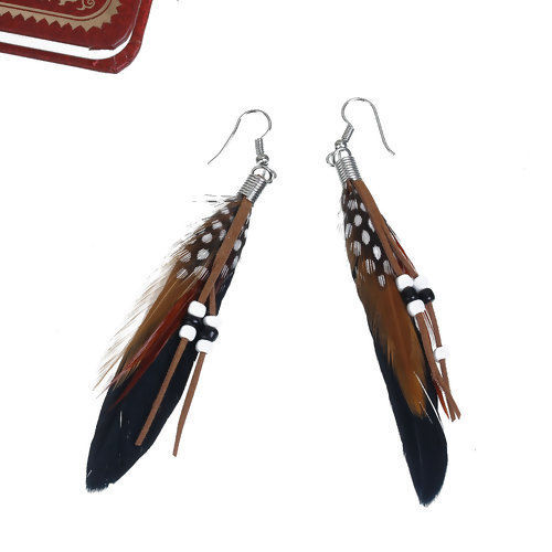 Picture of Natural Feather Tassel Earrings White & Black 10.2cm(4") long, Post/ Wire Size: (21 gauge), 1 Pair