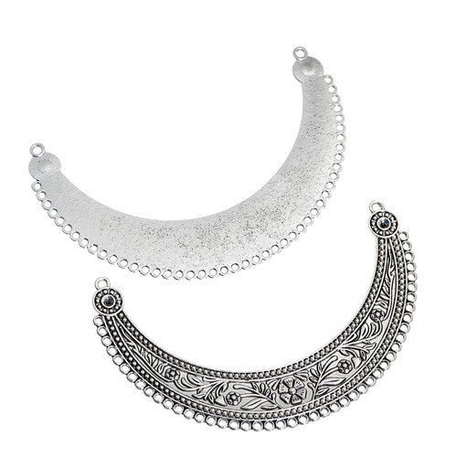 Picture of Zinc Based Alloy Connectors Findings Half Moon Antique Silver Color Flower (Can Hold ss16 Pointed Back Rhinestone) 11.2cm x 7cm, 2 PCs
