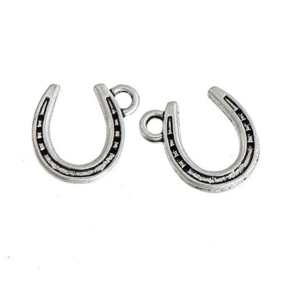 Picture of Zinc Based Alloy Charms Luck Horseshoe Antique Silver Color 13mm( 4/8") x 12mm( 4/8"), 100 PCs