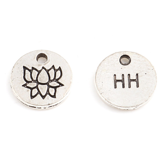 Picture of Zinc Based Alloy Charms Lotus Flower Antique Silver Color Round 8mm( 3/8") Dia, 50 PCs