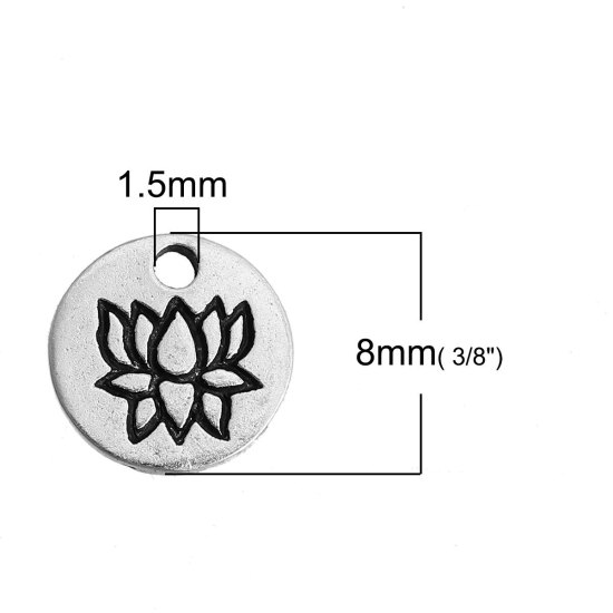 Picture of Zinc Based Alloy Charms Lotus Flower Antique Silver Color Round 8mm( 3/8") Dia, 50 PCs