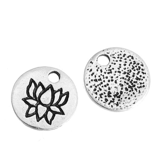 Picture of Zinc Based Alloy Charms Lotus Flower Antique Silver Color Round 8mm( 3/8") Dia, 50 PCs