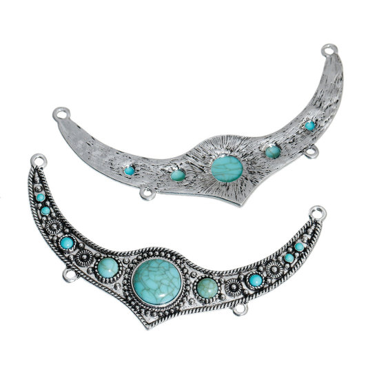 Picture of Zinc Based Alloy Boho Chic Connectors Findings Horn-shaped Antique Silver Color Green Imitation Turquoise 11.5cm x 6.2cm, 1 Piece