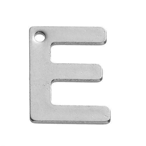 Picture of 304 Stainless Steel Charms Silver Tone Initial Alphabet/ Letter " E " 11mm( 3/8") x 8mm( 3/8"), 30 PCs
