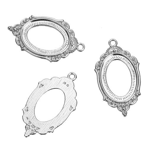 Picture of Zinc Based Alloy Pendants Oval Silver Tone Cabochon Settings (Fits 25mm x 18mm) 43mm x 24mm, 10 PCs