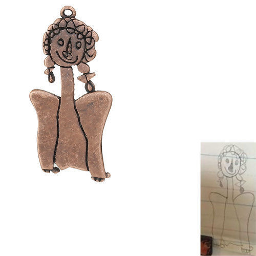 Picture of Brass Kids Art Doodles Children Drawing Jewelry Pendants Antique Copper Girl 34mm(1 3/8") x 15mm( 5/8"), 1 Piece                                                                                                                                              