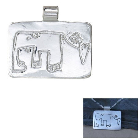 Image de Breloque Dessin d'Enfant en Laiton Rectangle Eléphants Argent Mat 25mm x 22mm, 1 Pièce