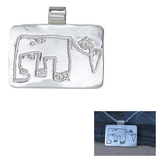 Picture of Brass Kids Art Doodles Children Drawing Jewelry Charms Rectangle Silver Tone Elephant 25mm(1") x 22mm( 7/8"), 1 Piece                                                                                                                                         