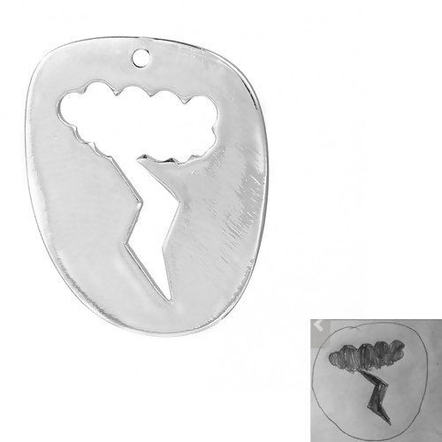 Picture of Brass Kids Art Doodles Children Drawing Jewelry Charms Irregular Silver Tone Cloud & Lightning 26mm(1") x 21mm( 7/8"), 1 Piece                                                                                                                                