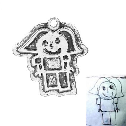 Picture of Brass Kids Art Doodles Children Drawing Jewelry Charms Antique Silver Color Girl Message " Big Sister To Noah 2.12 2016 " 26mm(1") x 24mm(1"), 1 Piece                                                                                                        