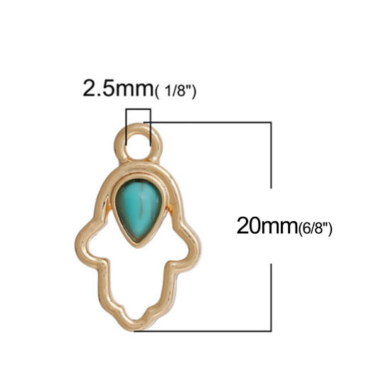 Picture of Zinc Based Alloy Charms Hamsa Symbol Hand Gold Plated Green Imitation Turquoise 20mm x 12mm, 5 PCs