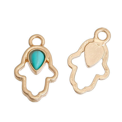 Picture of Zinc Based Alloy Charms Hamsa Symbol Hand Gold Plated Green Imitation Turquoise 20mm x 12mm, 5 PCs