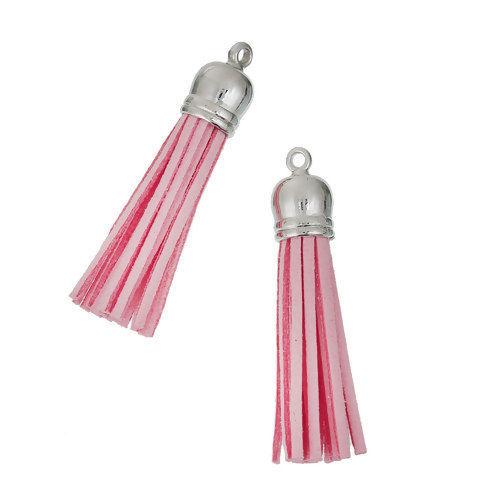 Immagine di Poliestere Ciondoli Nappine Tono Argento Rosa Circa 58mm x 12mm, 10 Pz