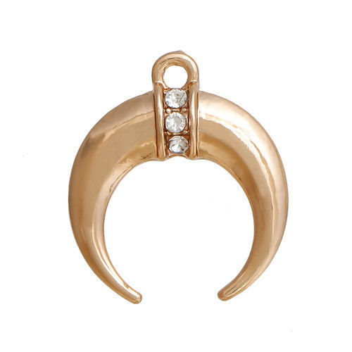 Picture of Zinc Based Alloy Charms Crescent Moon Double Horn Gold Plated Clear Rhinestone 18mm( 6/8") x 16mm( 5/8"), 5 PCs
